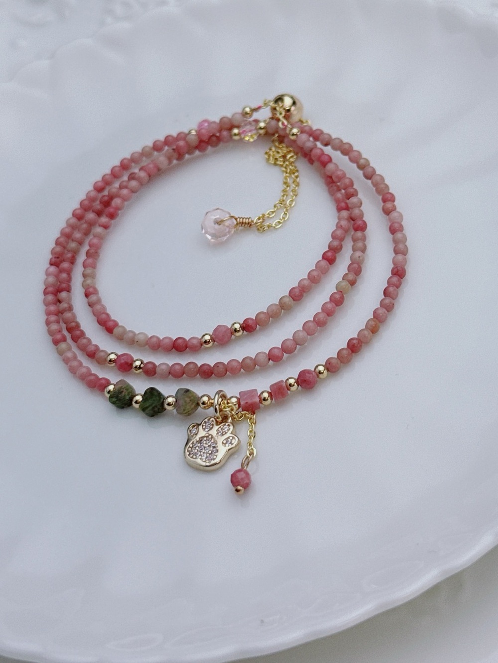 GB95 Handmade Pink Rhodonite Triple Layer Bracelet Necklace 2in1 20+5” - Picture 3 of 6